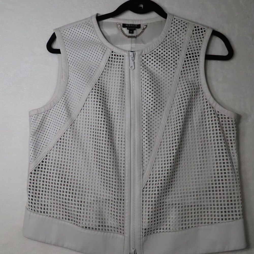 Worth New York Perforated Leather Vest White Zip Front Size 10 Chain Detail
